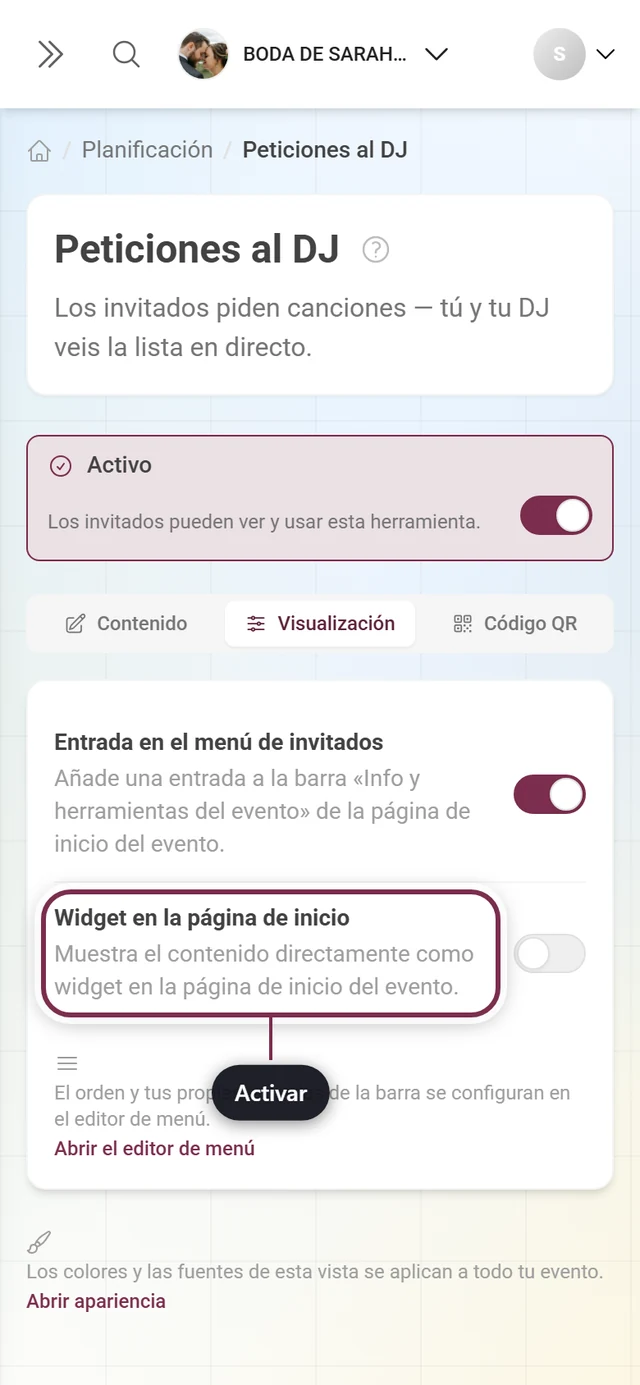 Pestaña Visualización de las peticiones al DJ con el interruptor del widget resaltado