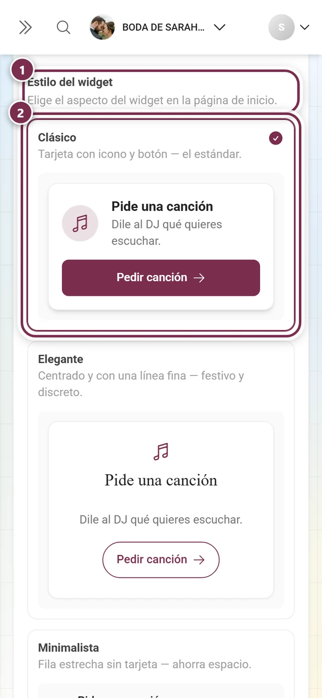 Bloque Estilo del widget con el título y la tarjeta Clásico resaltados