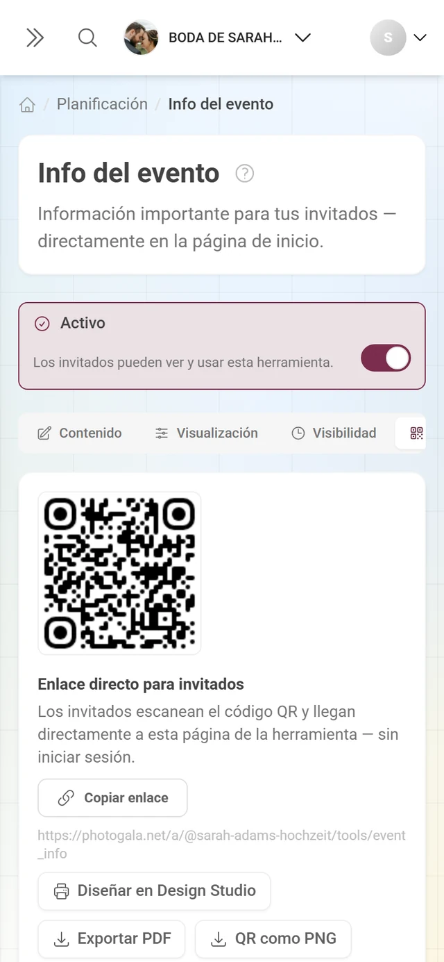 Pestaña Código QR de una herramienta con enlace directo, imagen QR y los botones de exportación