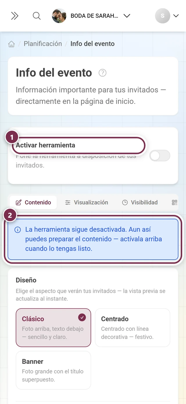 Página de Info del evento con el interruptor de la herramienta apagado y un aviso azul debajo