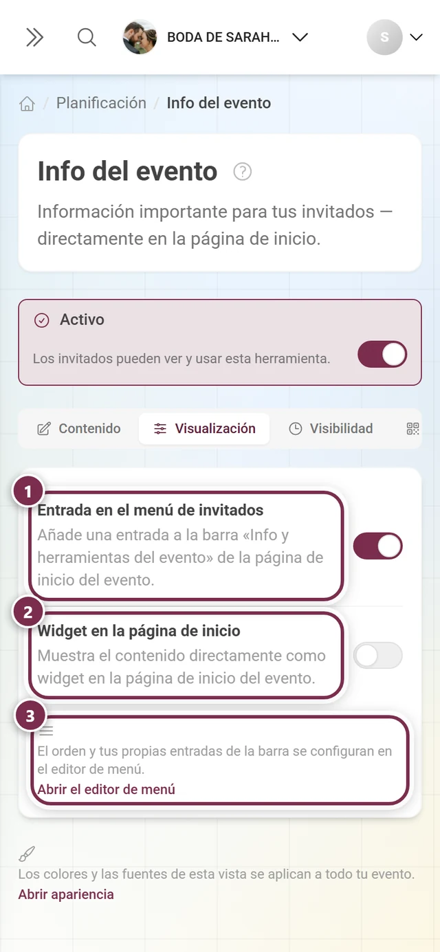 Pestaña Visualización con los interruptores para la entrada del menú de invitados y el widget de la página de inicio