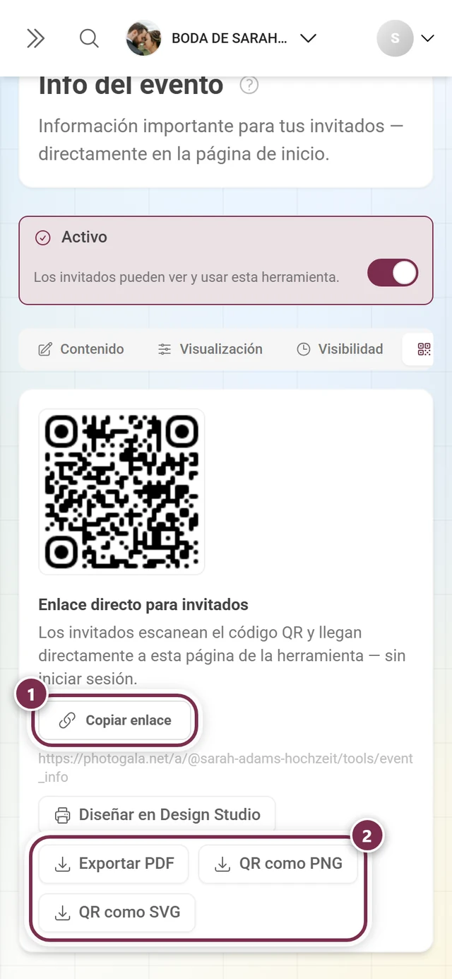 Pestaña Código QR con el código, el botón Copiar enlace y los botones de exportación