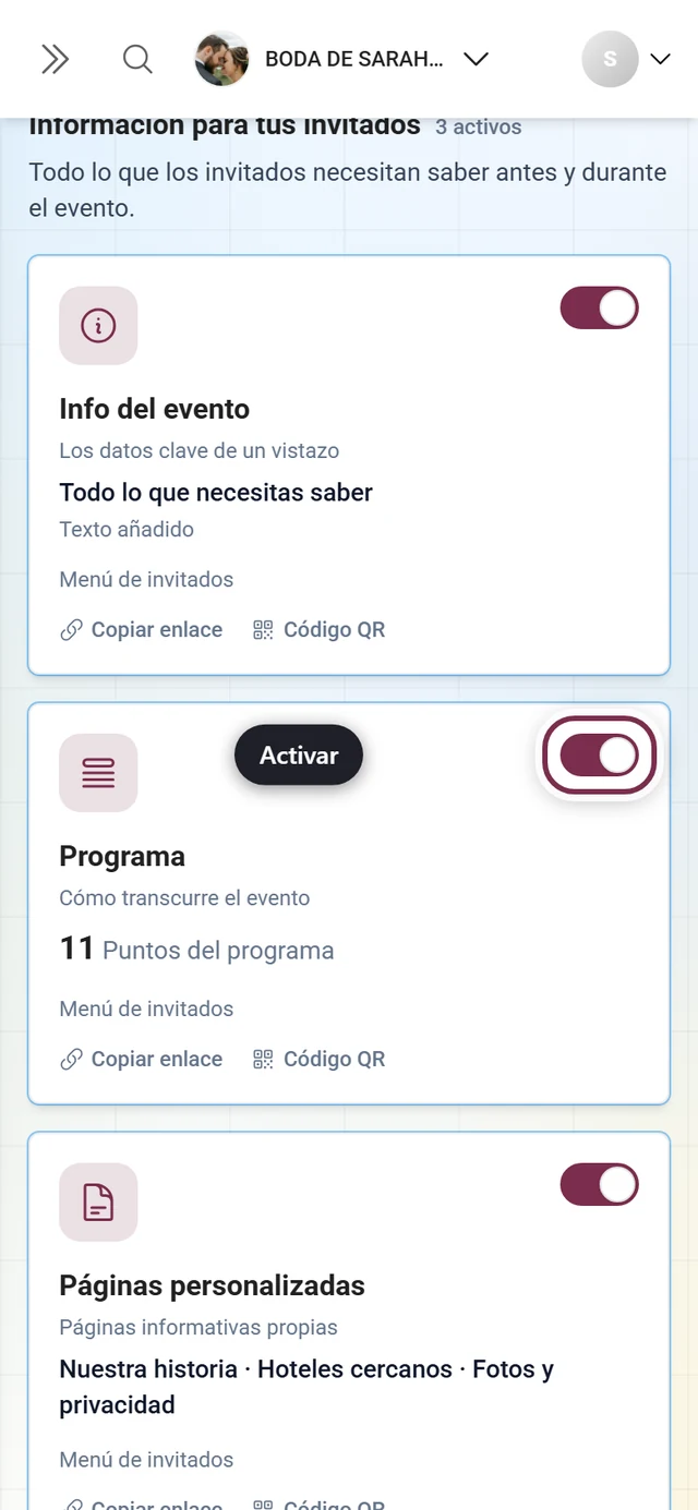 Cuadrícula de mosaicos de herramientas con el interruptor del mosaico Programa resaltado