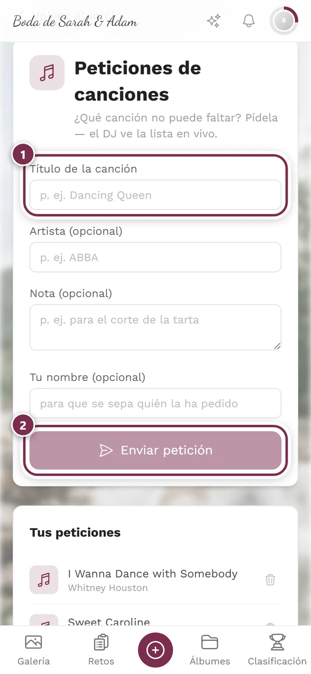 Formulario de petición del invitado con círculos numerados alrededor del título de la canción y el envío