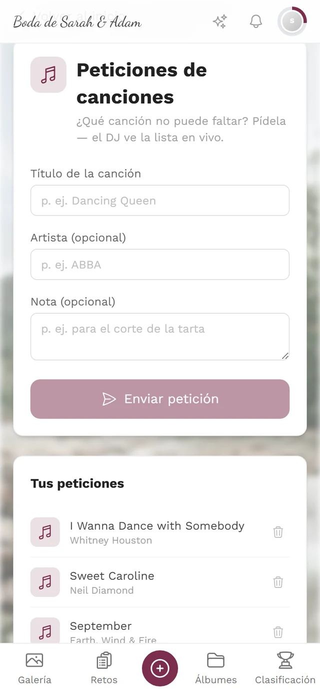 Formulario de peticiones de canciones con los campos título de la canción, artista y nota