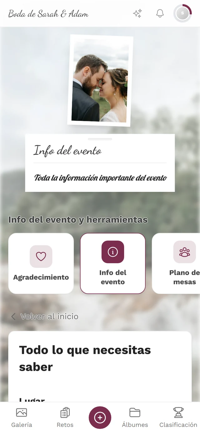 Página de la herramienta Info del evento desde la vista del invitado con apartados sobre lugar, cómo llegar y aparcamiento