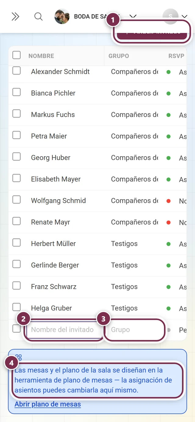 Lista de invitados con el botón Añadir invitado, la nueva fila con nombre y grupo y el aviso sobre el plano de mesas destacados