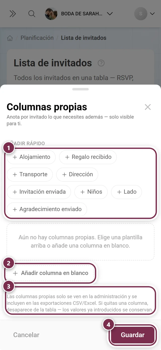 Diálogo Columnas propias con la cuadrícula de plantillas, Añadir columna en blanco, el aviso de uso interno y Guardar destacados