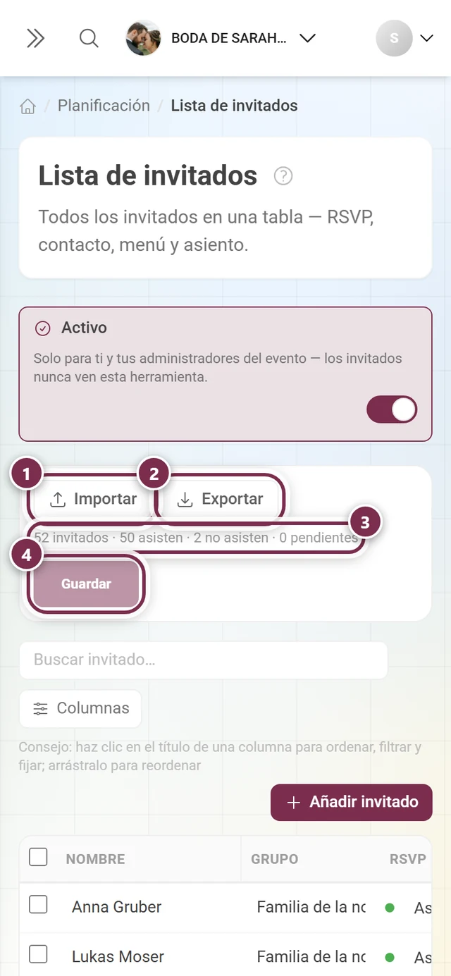 Barra de acciones de la lista de invitados con Importar, Exportar, la línea de recuento y el botón Guardar destacados