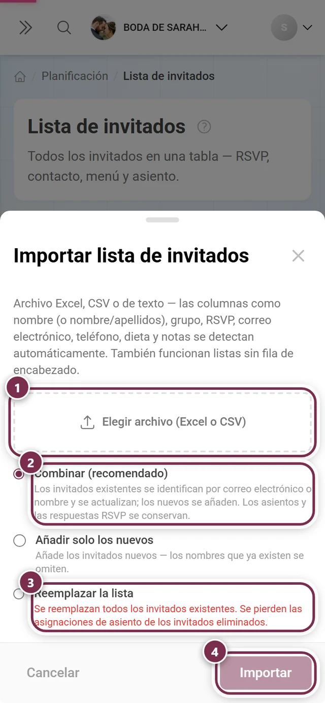 Diálogo Importar lista de invitados con el selector de archivo, los modos Combinar y Reemplazar lista y el botón Importar destacados