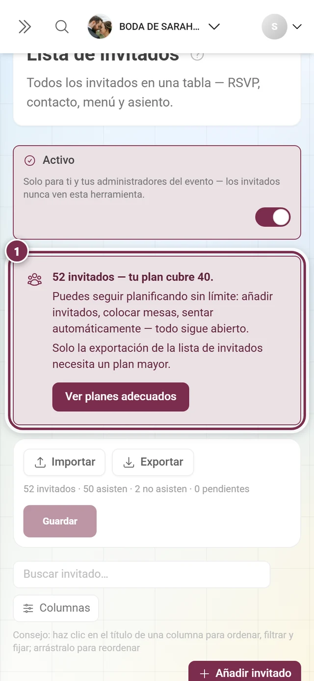 Lista de invitados con el cuadro de cupo encima de la barra de acciones destacado