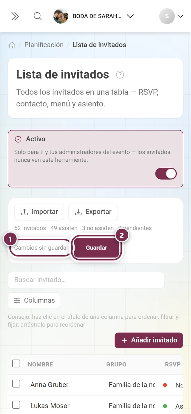 Barra de acciones de la lista de invitados con el aviso Cambios sin guardar y el botón Guardar activo destacados