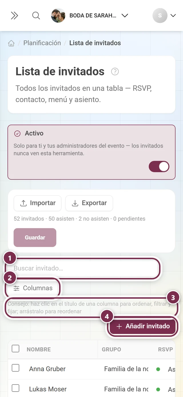 Barra encima de la tabla con el campo de búsqueda, el botón Columnas, el consejo de uso y Añadir invitado destacados