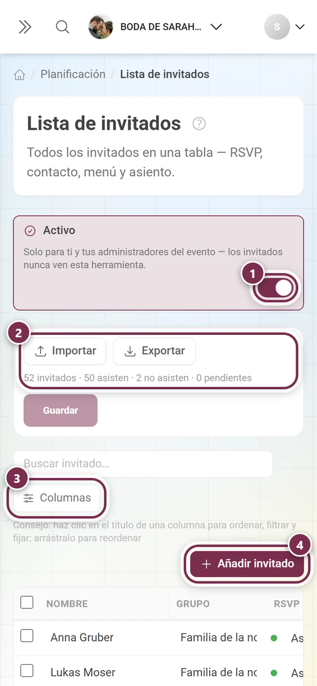 Lista de invitados con el interruptor Activo marcado, Importar y Exportar, el botón Columnas y Añadir invitado
