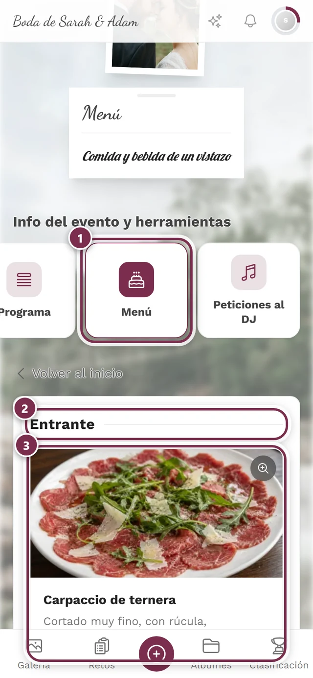 Página de menú con pases y platos