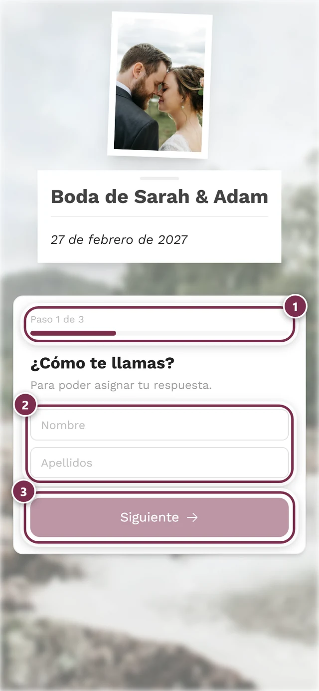 El formulario de RSVP desde el punto de vista de un invitado con el indicador de pasos y el campo del nombre