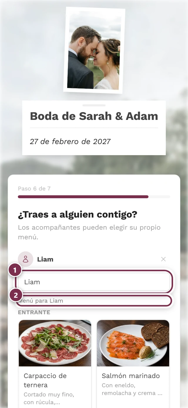 Paso de acompañante con el campo del nombre del acompañante y el título Menú para Jonas