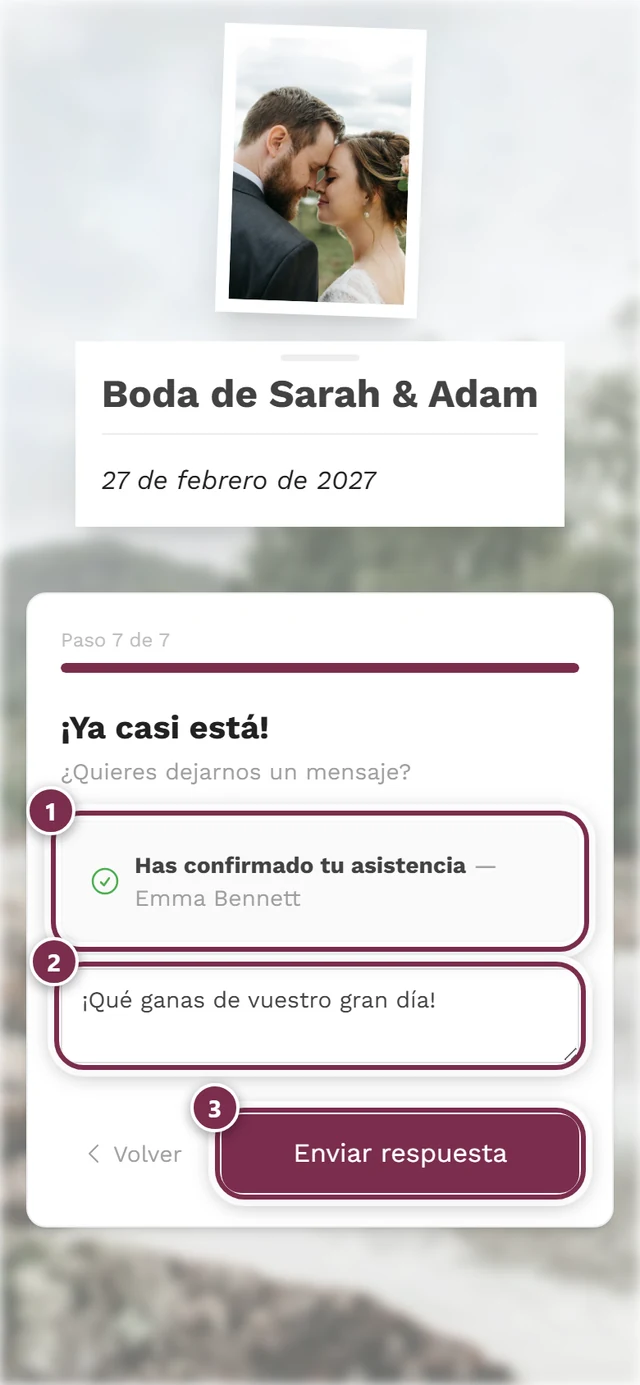 Último paso ¡Ya casi está! con la línea Has confirmado tu asistencia y el botón Enviar respuesta