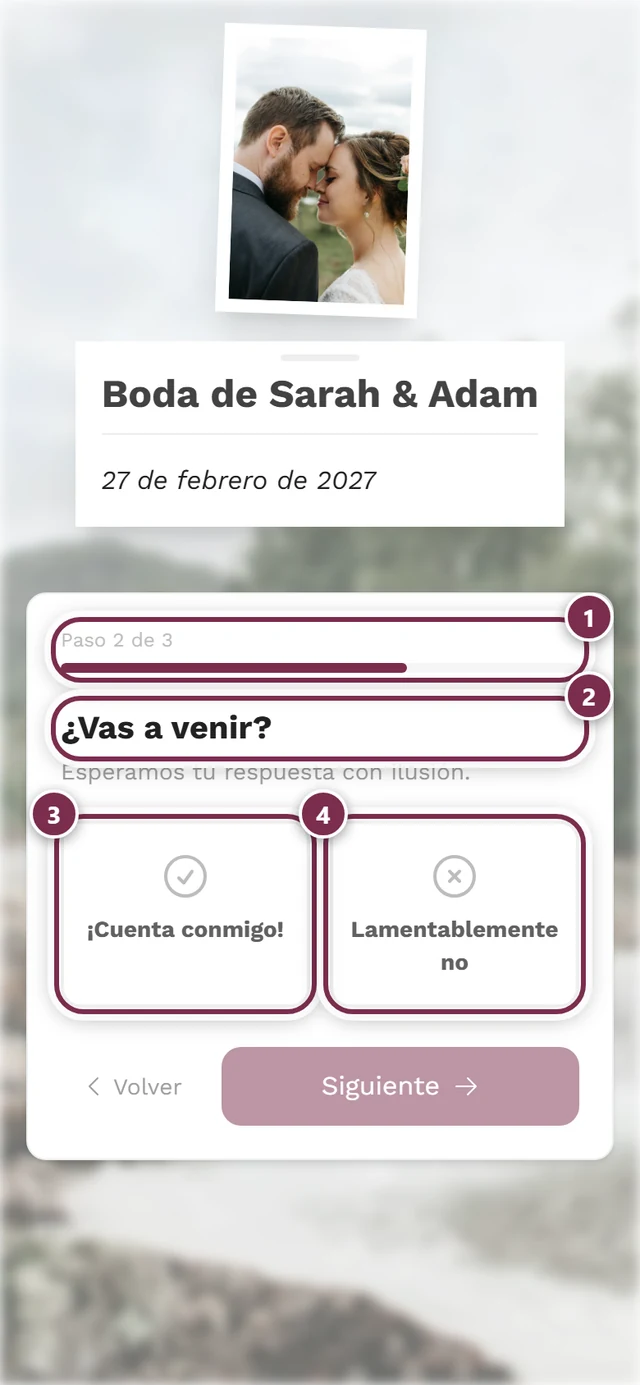 Segundo paso del asistente con las tarjetas ¡Cuenta conmigo! y Lamentablemente no