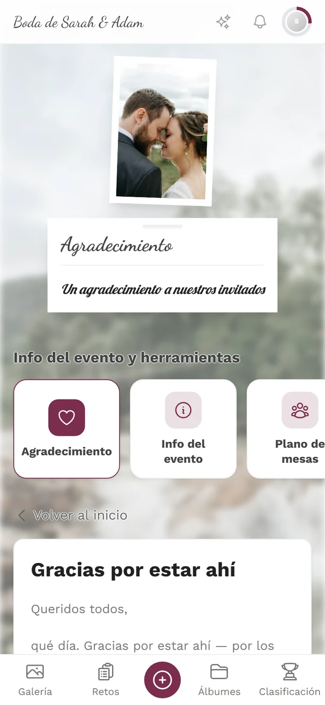 Agradecimiento en la vista del invitado con título, texto y la tarjeta Agradecimiento resaltada