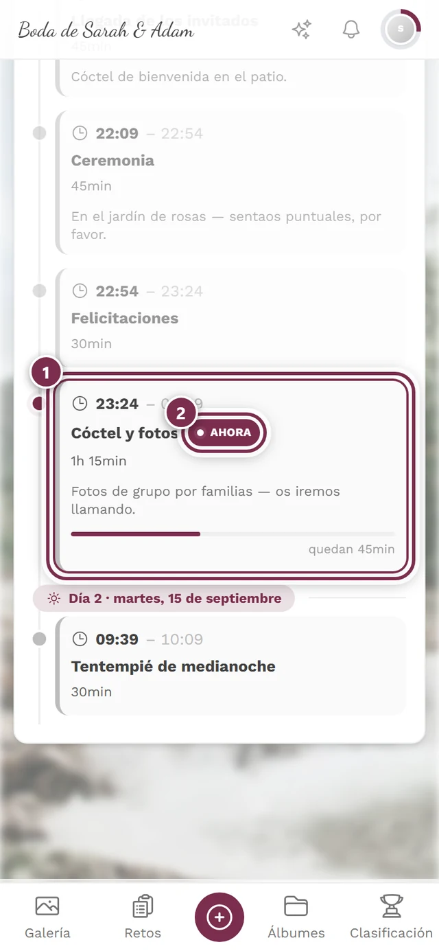 Programa durante el evento con el punto en curso marcado y la marca Ahora