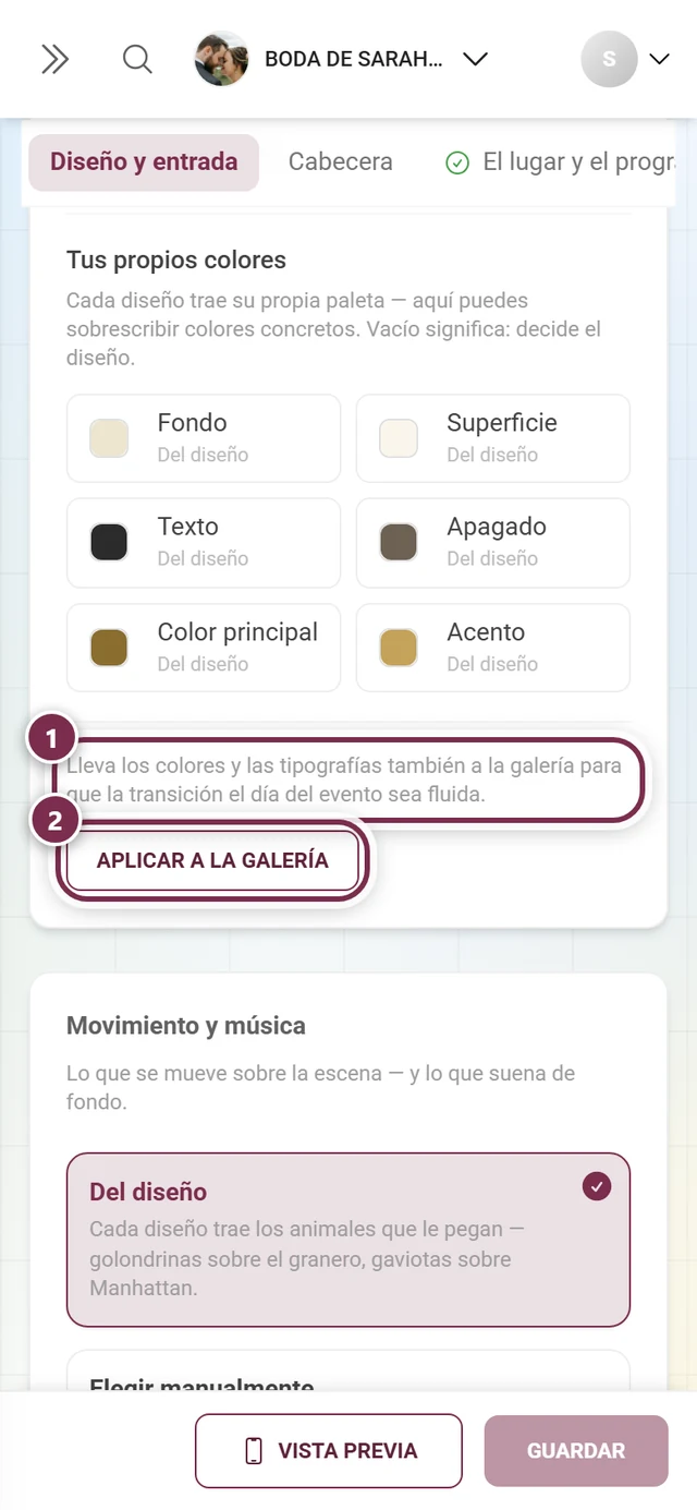 Aplicar a la galería con anillos numerados alrededor del aviso y el botón, arriba los seis roles de color