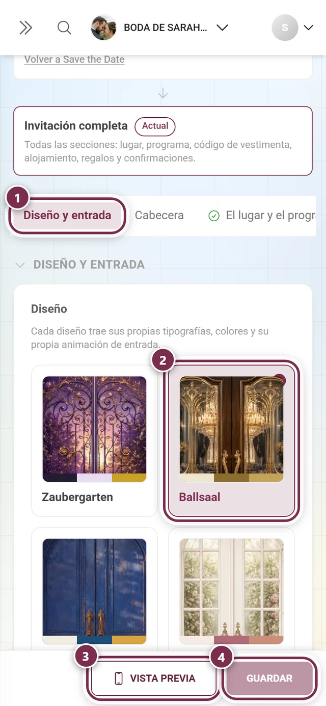 Sección Diseño y entrada con anillos numerados alrededor del enlace de salto, el diseño elegido, Vista previa y Guardar