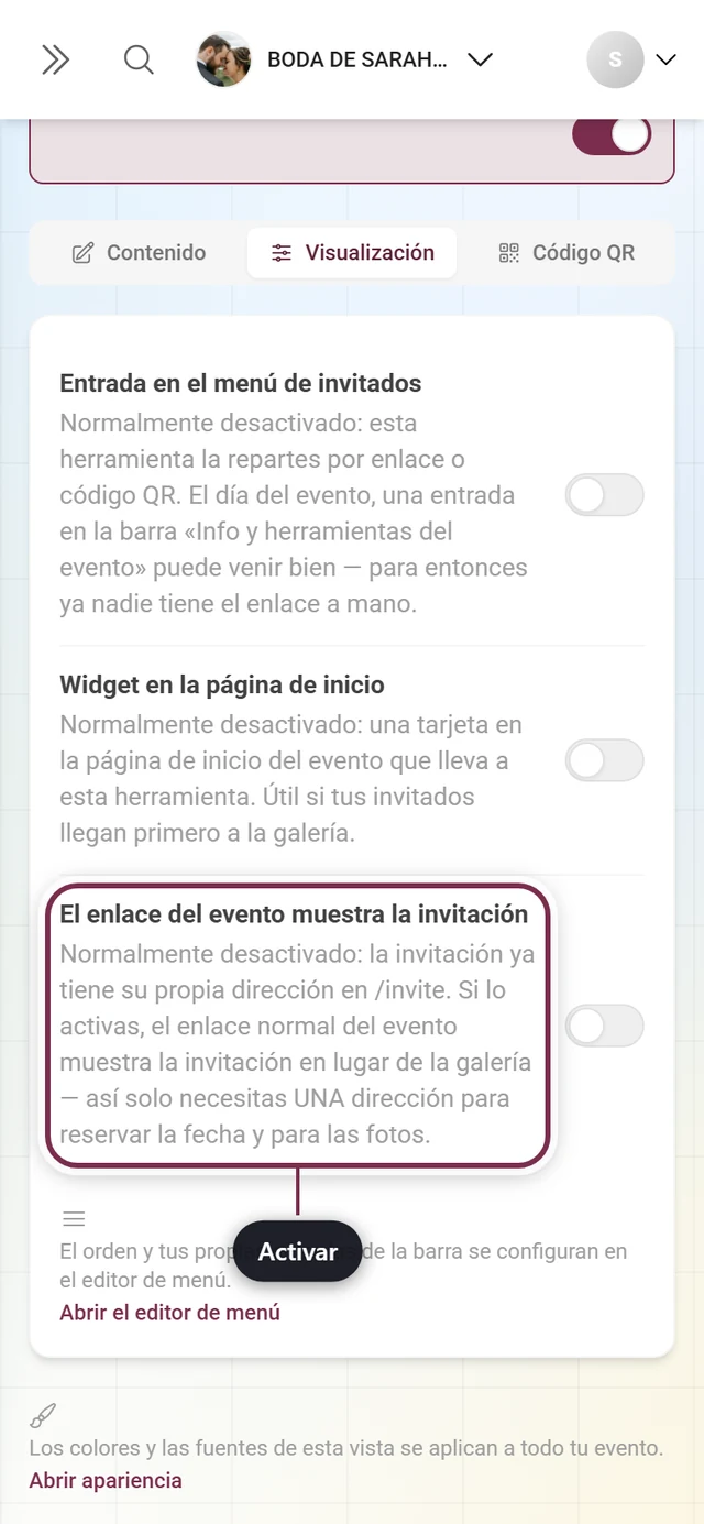 Pestaña Visualización de la invitación con el interruptor del enlace del evento destacado