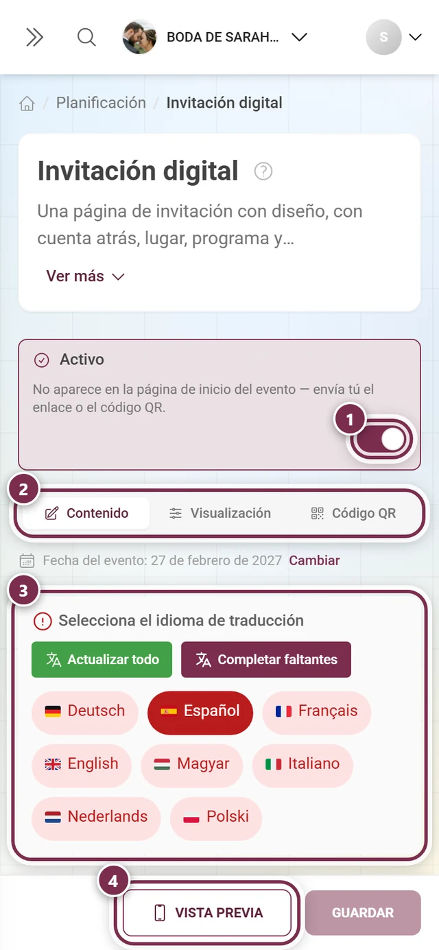 Editor de la invitación digital con el interruptor principal, las pestañas, el bloque de idiomas y el botón de vista previa marcados