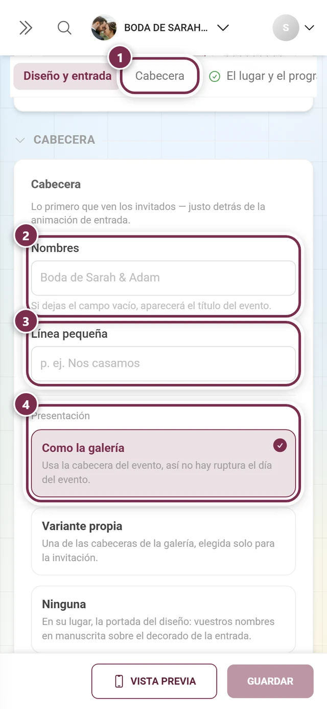 Sección Cabecera con anillos numerados alrededor del enlace de salto, Nombres, Línea pequeña y la representación