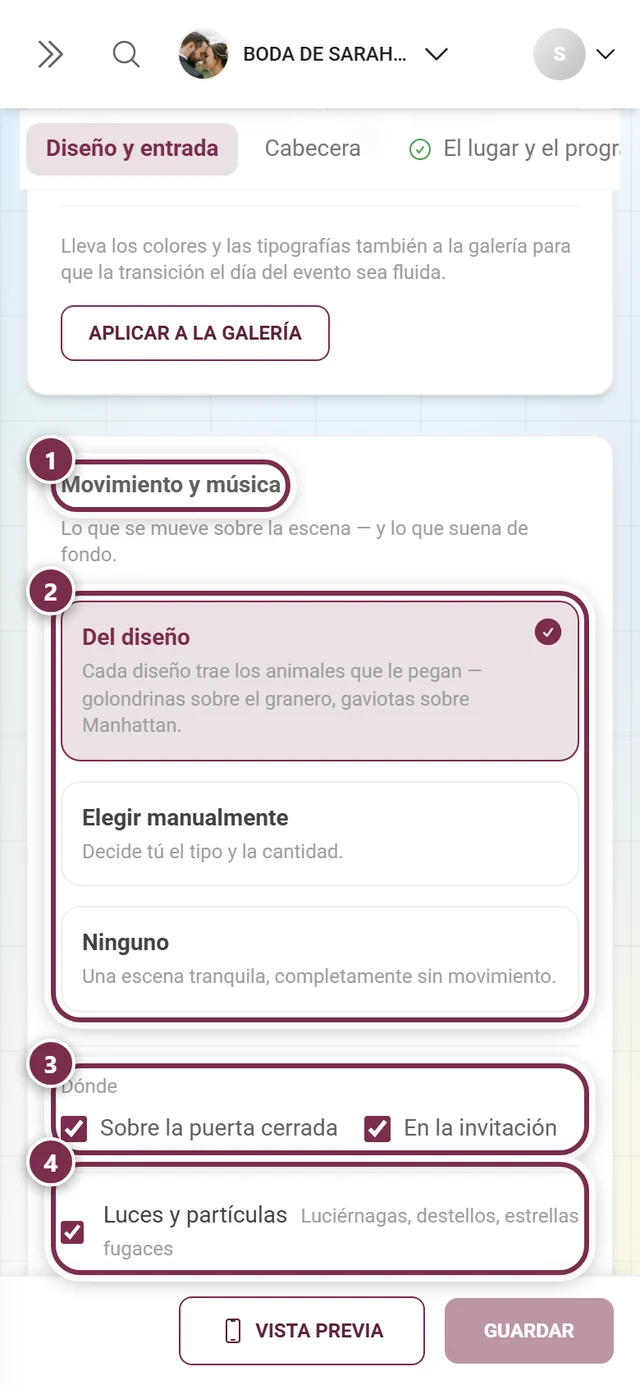 Sección Movimiento y música con anillos numerados alrededor del título, las tres tarjetas, las casillas de Dónde y Luces y partículas