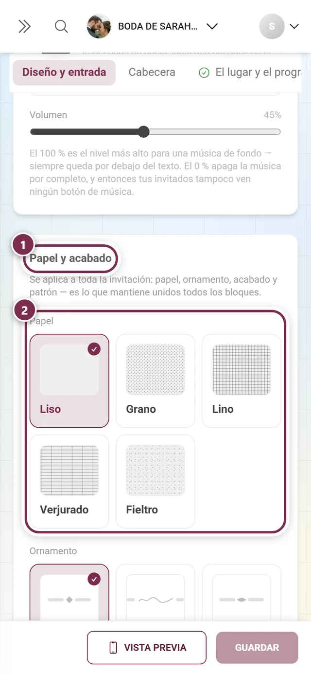 Sección Papel y acabado con anillos numerados alrededor del título y la selección de papel
