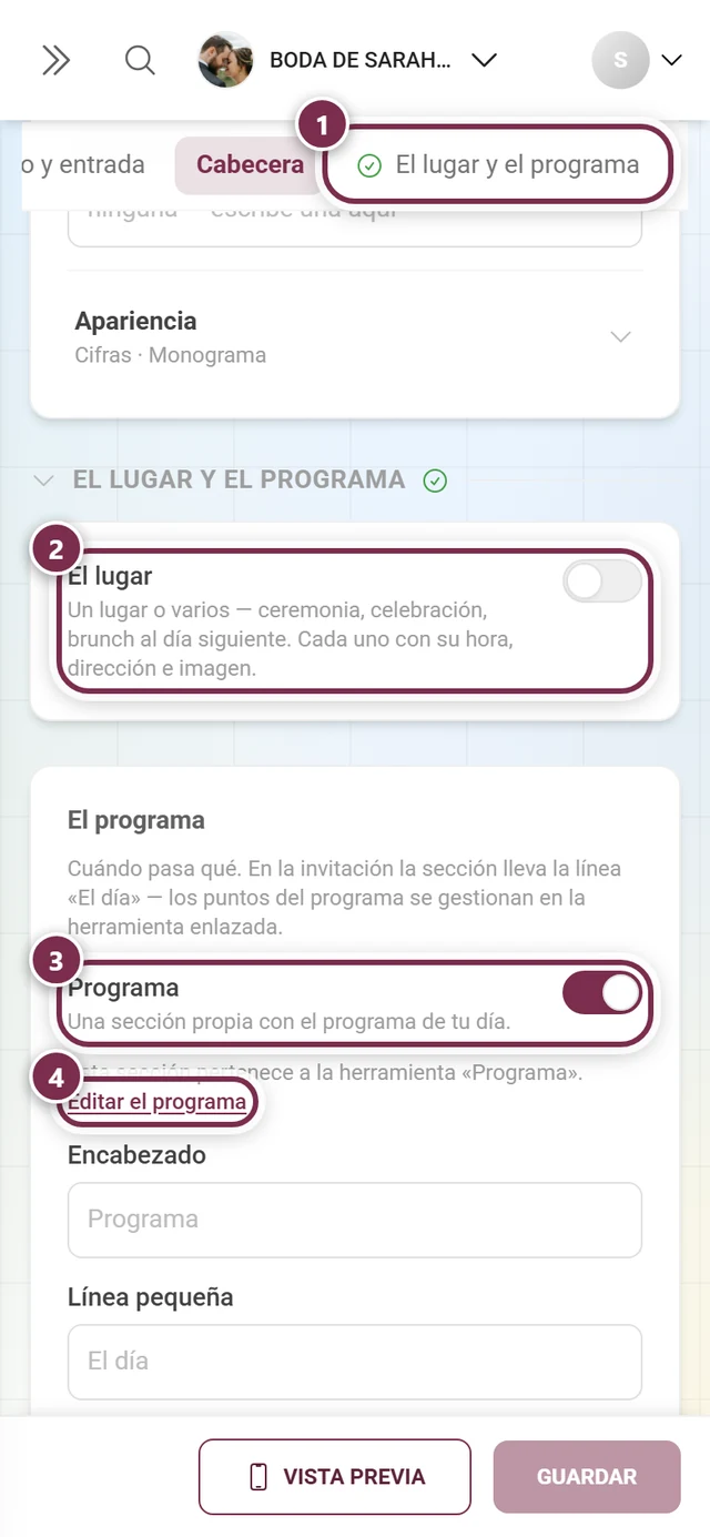 Sección El lugar y el programa con anillos numerados alrededor del enlace de salto, ambos interruptores y Editar el programa