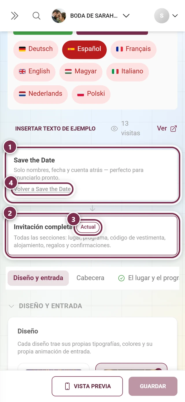 Las dos tarjetas Save the Date e Invitación completa con anillos numerados