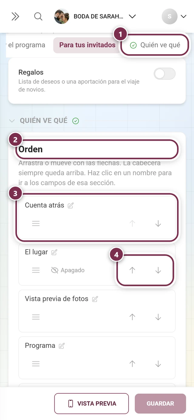 Sección Quién ve qué con anillos numerados alrededor del enlace de salto, el título Orden, la fila Cuenta atrás y las flechas de la fila El lugar