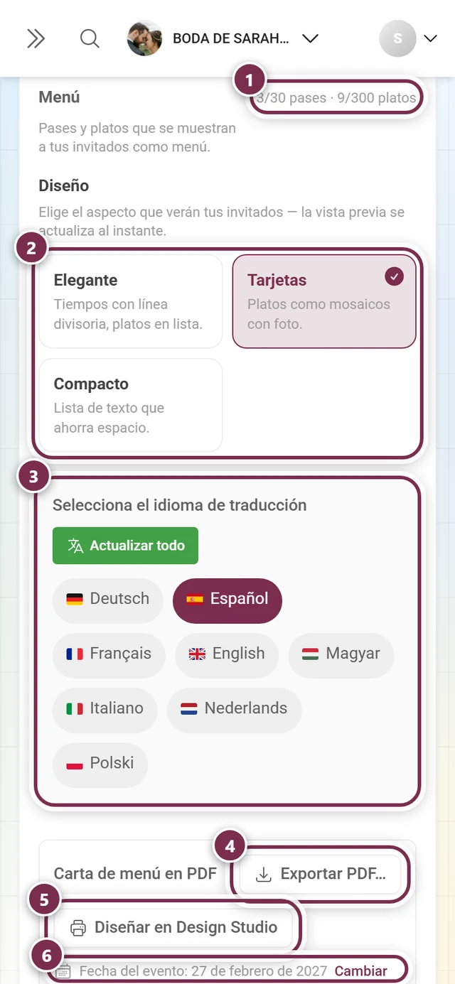 Cabecera de la pestaña Contenido con el contador, las tres tarjetas de diseño, el selector de idioma y los botones de exportación