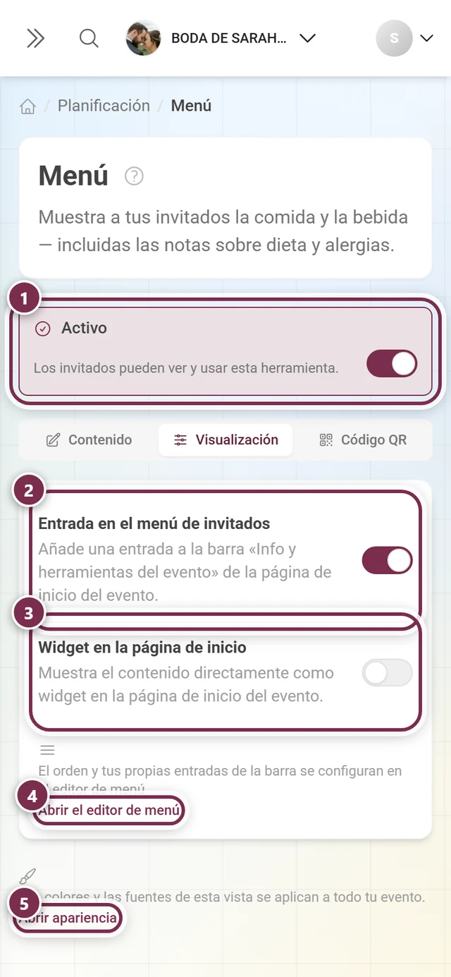Pestaña Visualización de la herramienta Menú con el interruptor Activo, Entrada en el menú de invitados y Widget en la página de inicio