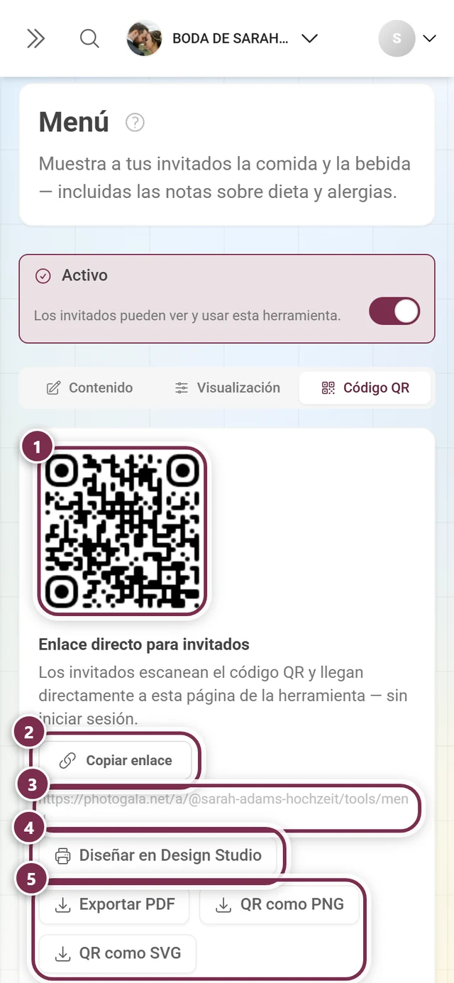 Pestaña Código QR de la herramienta Menú con el código QR, el enlace directo y los botones Copiar enlace, Diseñar en Design Studio, Exportar PDF, QR como PNG y QR como SVG