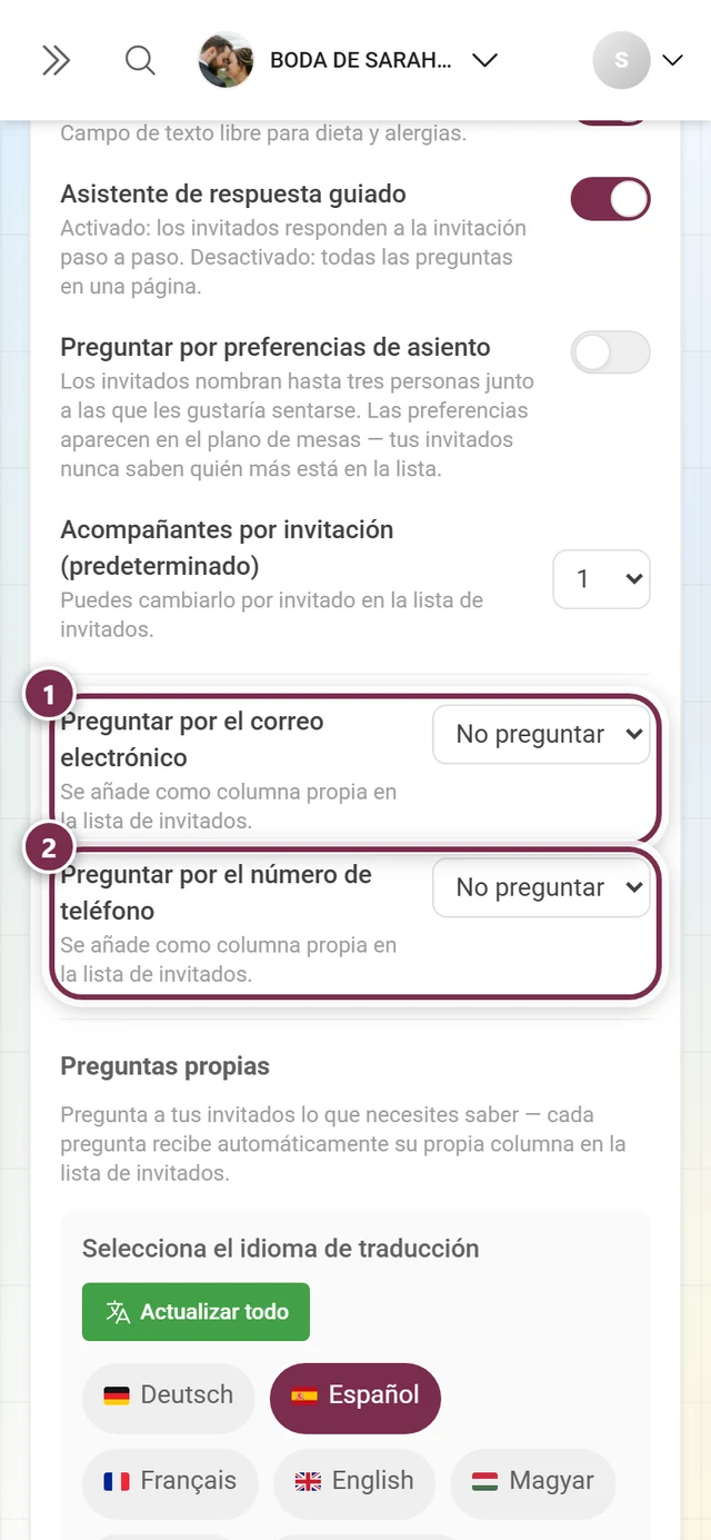 Las dos preguntas de contacto para el correo electrónico y el número de teléfono