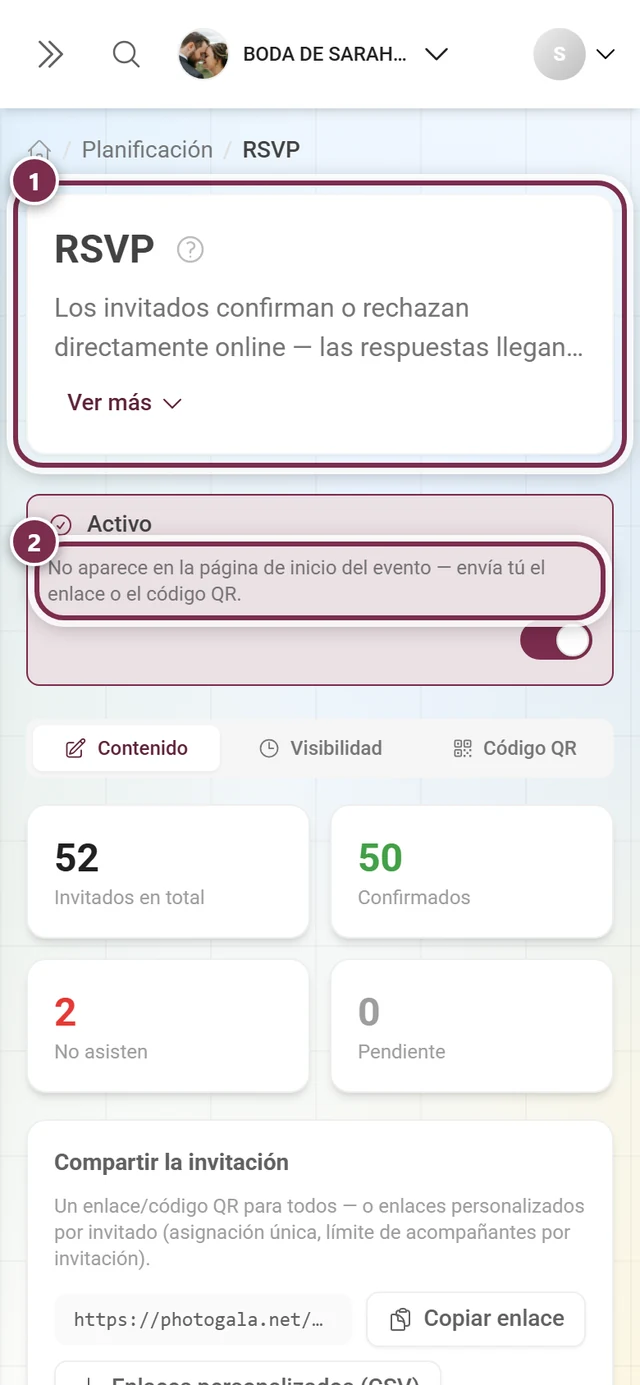Cabecera del editor de RSVP con el título y la franja de estado activo
