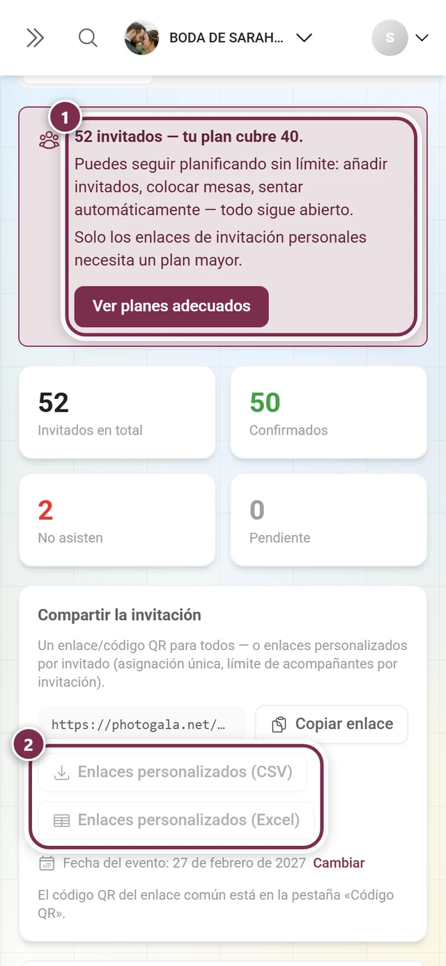 Cuadro de cupo sobre el editor y los botones en gris para los enlaces personalizados