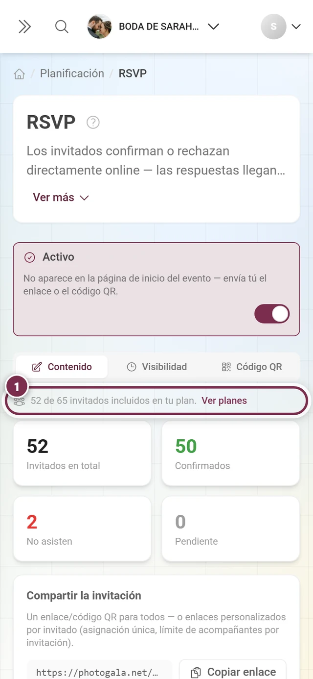 Línea de aviso estrecha sobre las cifras: 52 de 65 invitados en tu plan