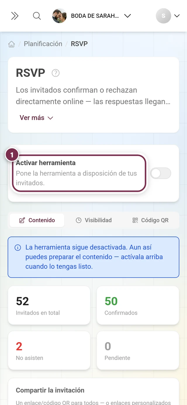 La tarjeta Activar herramienta en estado desactivado con el aviso azul debajo
