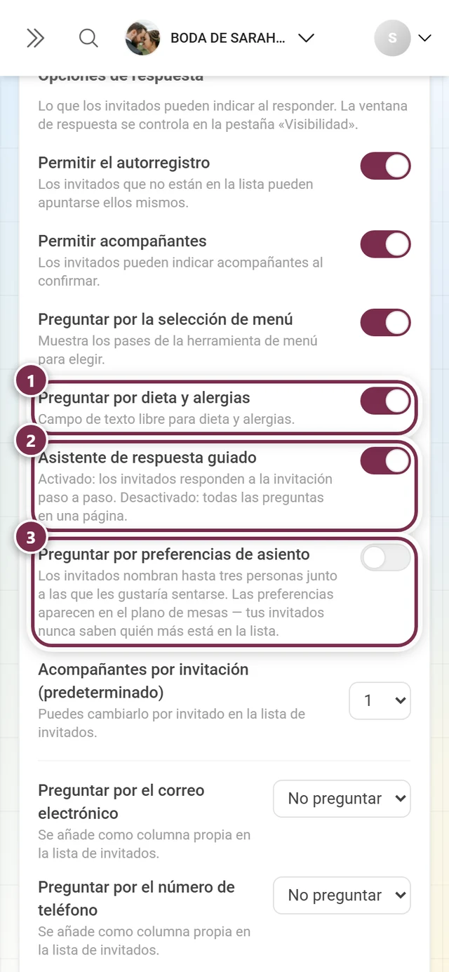 Las siguientes tres opciones de respuesta: dieta y alergias, asistente de respuesta y preferencias de asiento