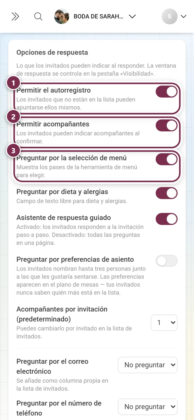 Las primeras tres opciones de respuesta: autorregistro, acompañantes y selección de menú