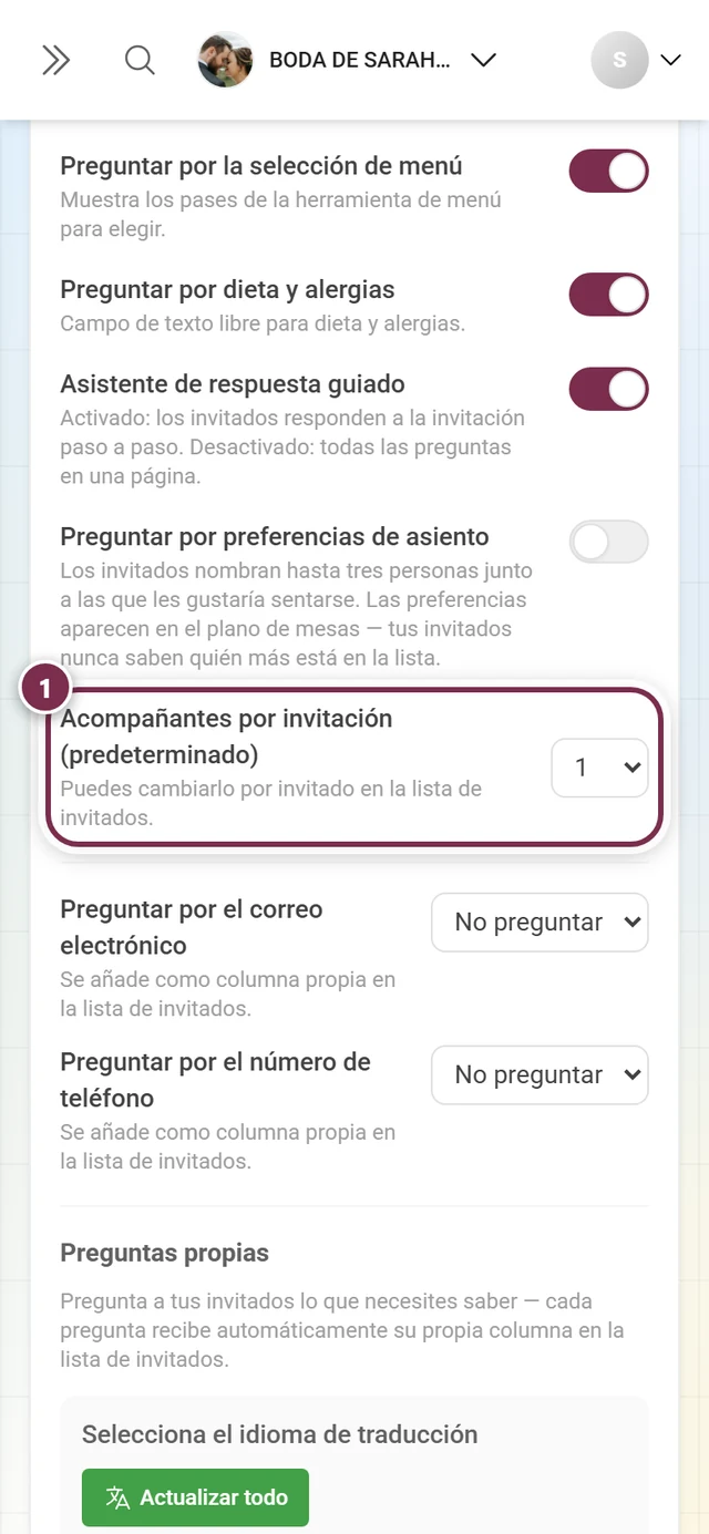 El menú desplegable Acompañantes por invitación (predeterminado)