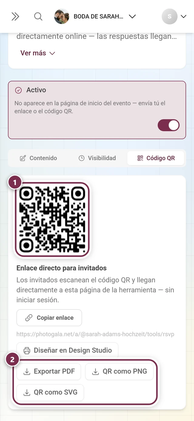 Pestaña Código QR con el código, el enlace directo y los tres botones de archivo