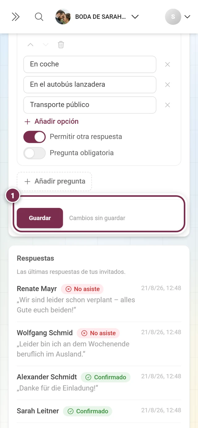 La línea de guardado con el aviso Cambios sin guardar