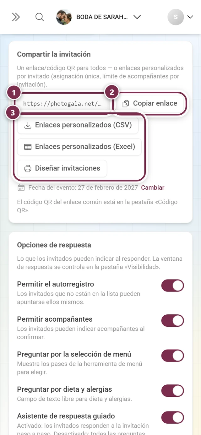 Sección Compartir la invitación con la dirección, Copiar enlace y los tres botones de envío