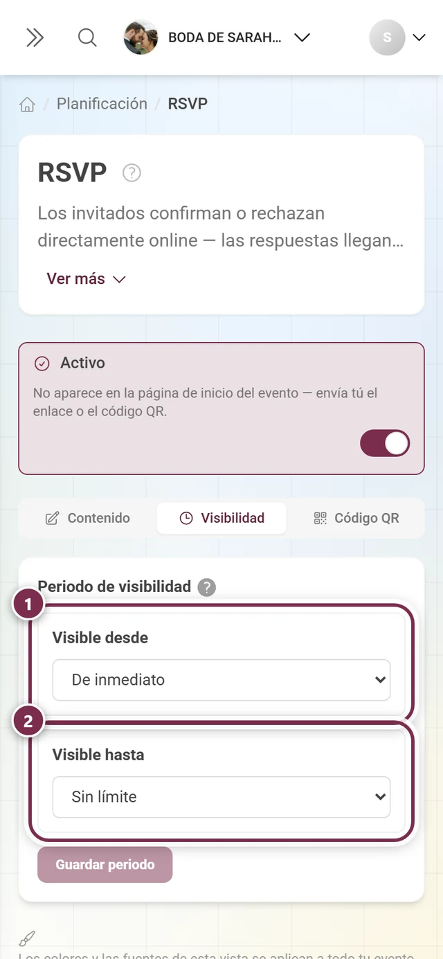 Pestaña Visibilidad con Visible desde y Visible hasta
